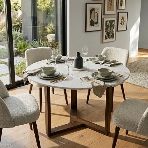 Fina 48 Inch Round Dining Table, White Genuine Marble Top, Natural Brown Mango Wood 3 Leg Sled Base