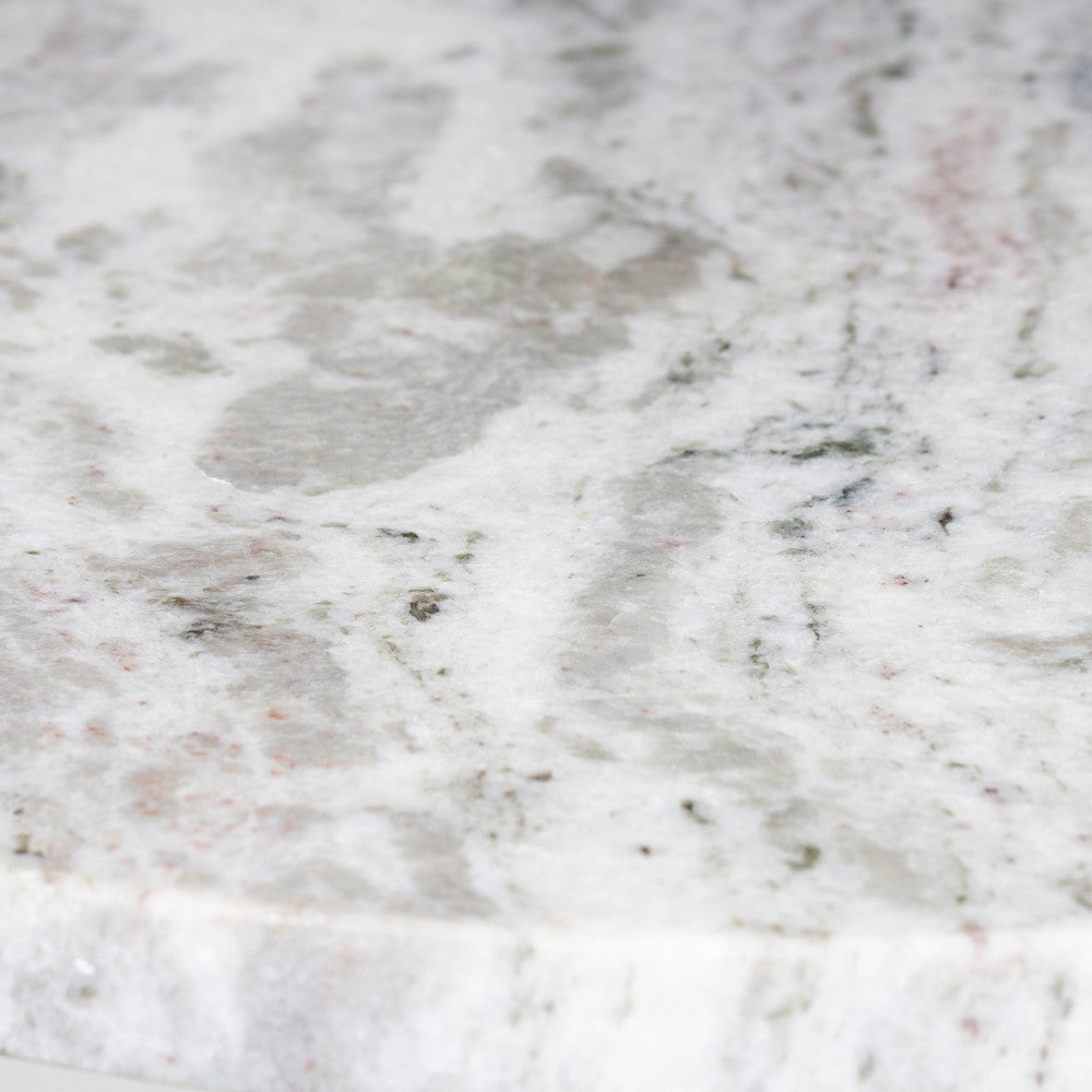 Fina 20 Inch Round Side End Table, White Genuine Marble Top, Natural Brown Mango Wood 3 Leg Sled Base