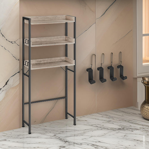 Kiu 65 Inch Bathroom Storage with 3 Shelves in Brown Wood, Black Steel By Casagear Home