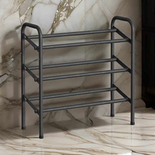 Uovi 23-33 Inch Expandable Shoe Rack, 3 Shelves, Curved Top, Black Metal By Casagear Home