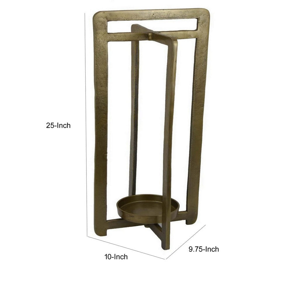 Eya 25 Inch Modern Tabletop Candle Lantern with Round Plate Gold Metal By Casagear Home