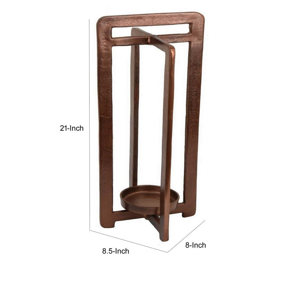 Eya 21 Inch Modern Tabletop Candle Lantern with Round Plate Copper Metal By Casagear Home