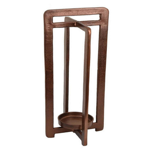 Eya 21 Inch Modern Tabletop Candle Lantern with Round Plate, Copper Metal By Casagear Home