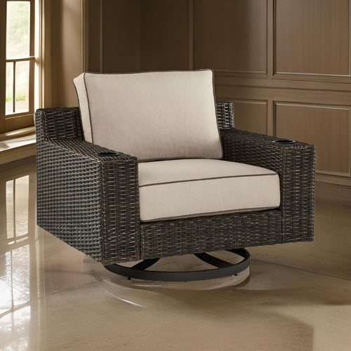 Ashley Waga 43" Outdoor Swivel Lounge Chair, Cupholder, Brown
