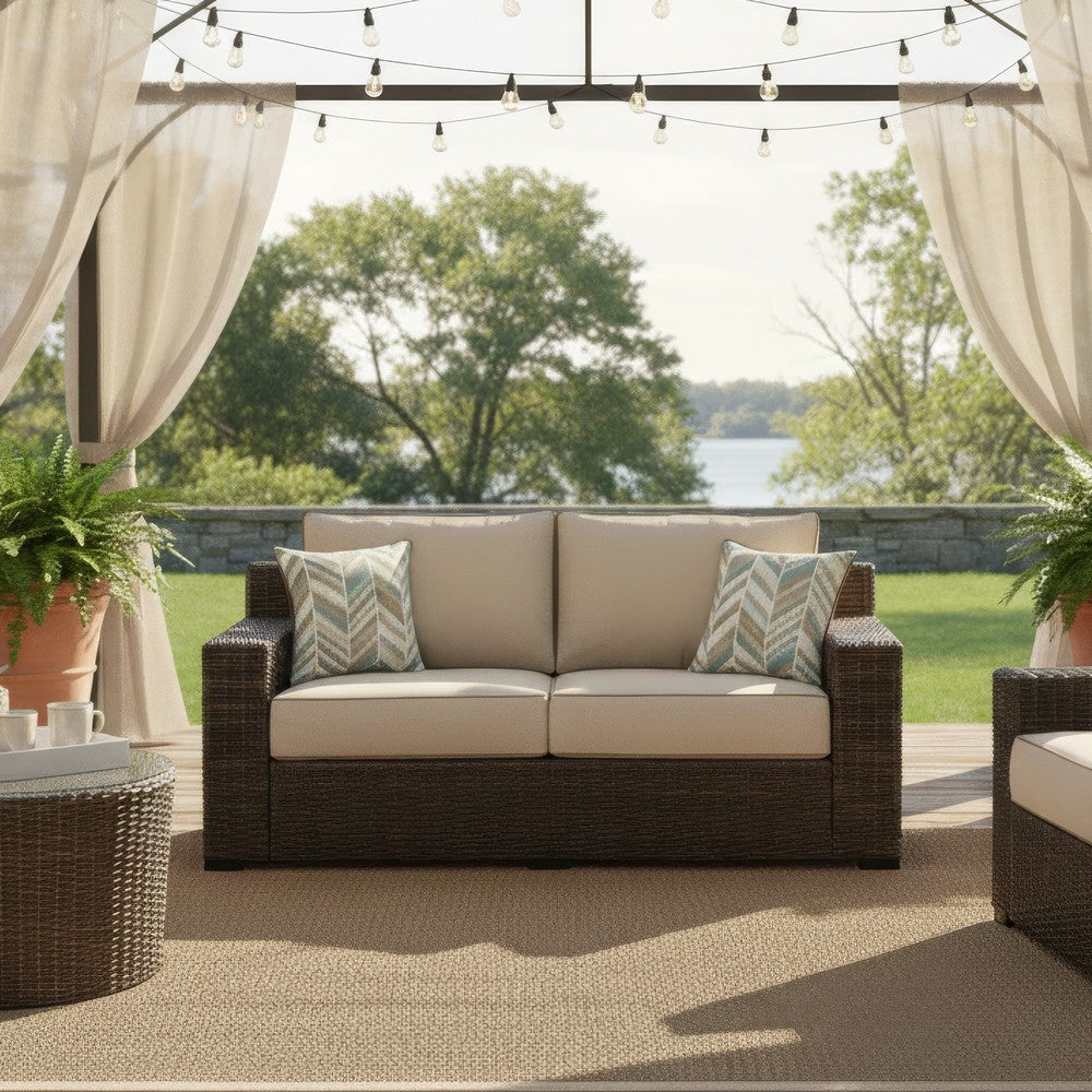 Ashley Waga 71" Outdoor Loveseat, 2 Throw Pillows, Brown, Beige