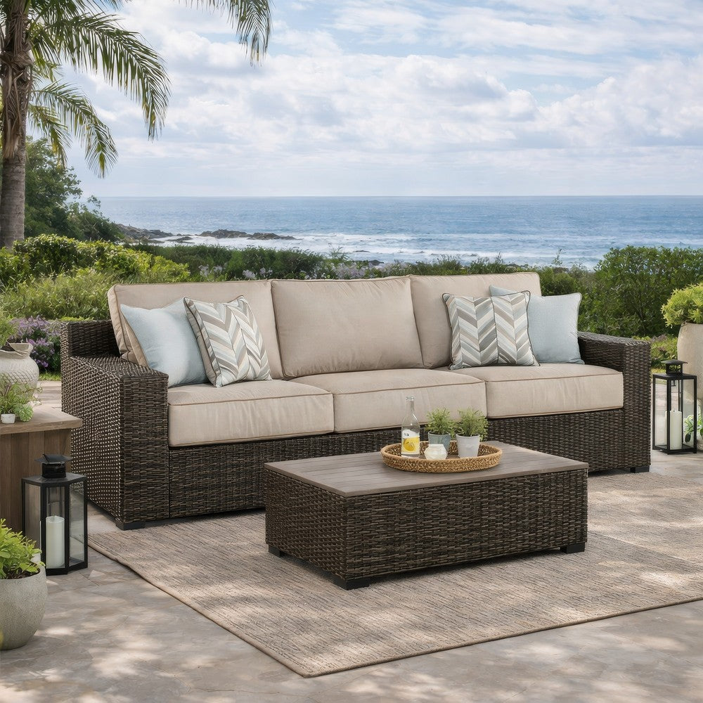 Ashley Waga 97" Outdoor Sofa, 4 Throw Pillows, Brown Wicker, Beige