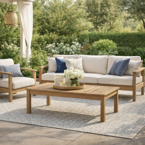 Ashley Karo 49 Inch Outdoor Coffee Table, Slatted, Natural Brown