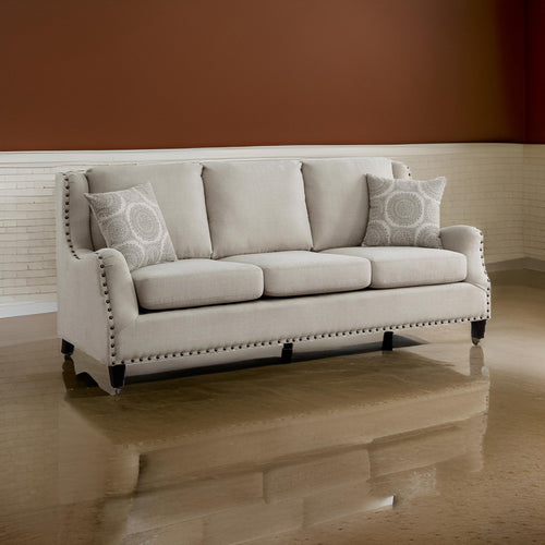 Mike 84 Inch Sofa, Beige, 2 Pillows, Reversible Cushions, Solid Wood By Casagear Home