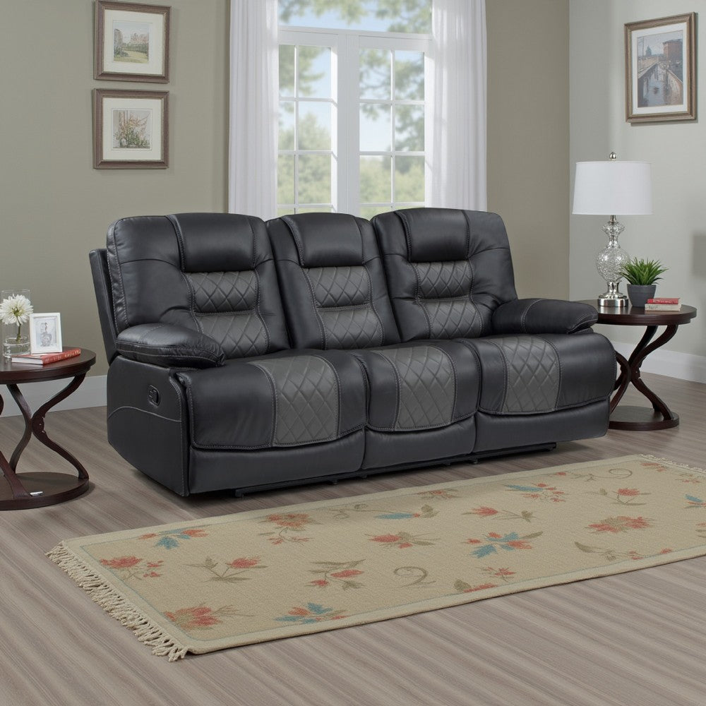 Liam 88 Inch Manual Recliner Sofa, Drop Table Cupholders, Gray Faux Leather By Casagear Home