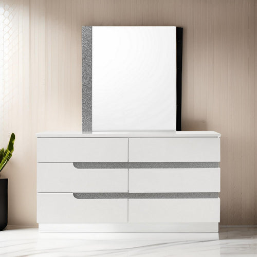 Ara 33 x 39 Dresser Mirror, Crystal Accents, White Glossy Laminate Finish By Casagear Home