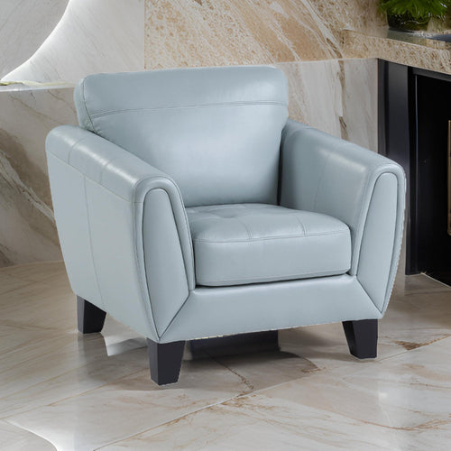 Sofy 37 Inch Accent Chair, Aqua Blue Top Grain and Faux Leather, Solid Wood By Casagear Home