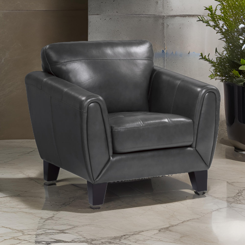 Sofy 37 Inch Accent Chair, Dark Gray Top Grain and Faux Leather, Solid Wood By Casagear Home