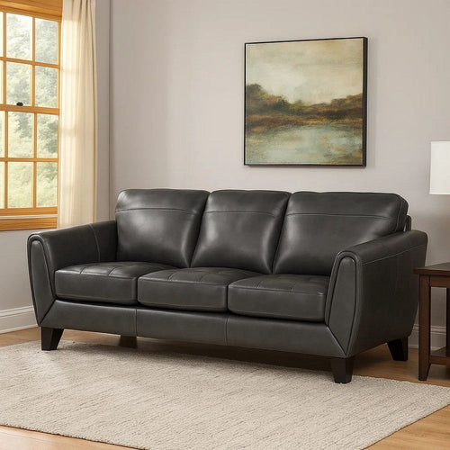 Sofy 83 Inch Sofa, Dark Gray Top Grain and Faux Leather, Solid Wood Feet By Casagear Home