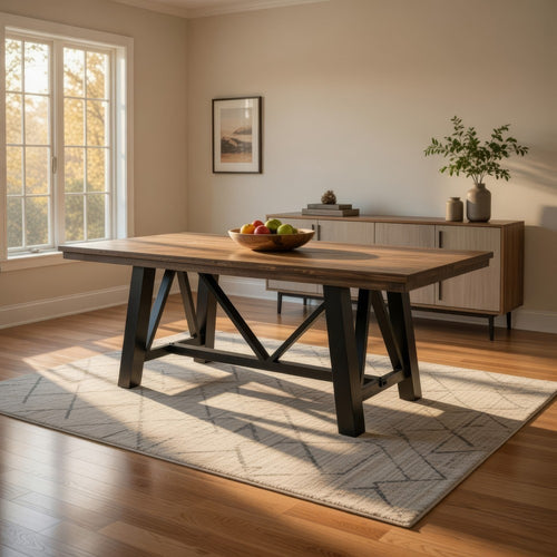 Pola 79 Inch Dining Table, Farmhouse Brown Rectangular Wood, Black Base By Casagear Home
