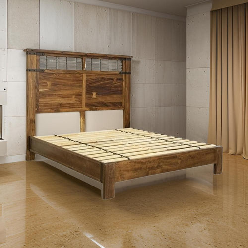Umey King Size Bed, Tall Headboard, Black Iron Accents, Brown Mango Wood By Casagear Home