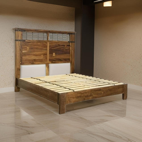 Umey Queen Size Bed, Tall Headboard, Black Iron Accents, Brown Mango Wood By Casagear Home