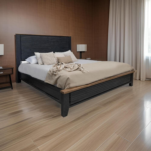 Okai King Bed, Vertical Lines, Round Edge Panel Headboard, Black Solid Wood By Casagear Home