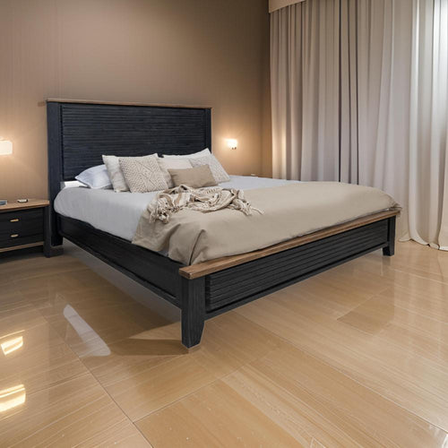 Okai Queen Bed, Vertical Lines, Round Edge Panel Headboard Black Solid Wood By Casagear Home