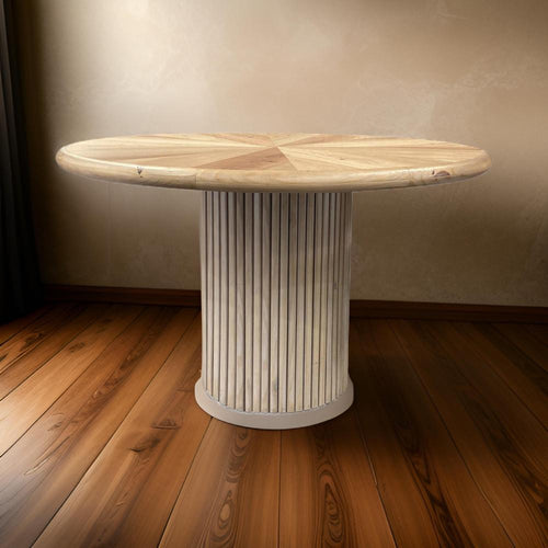 Izya 54 Inch Dining Table, Slatted Round Column Base, Brown Oak Wood Top By Casagear Home