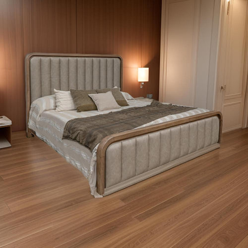 Okai Queen Bed, Channel Tufted Faux Leather Upholstery, Brown Solid Wood By Casagear Home