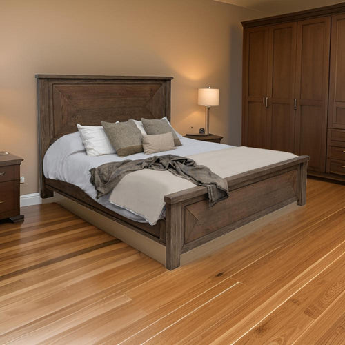 Loe Queen Size Bed, Raised Panel Headboard, Farmhouse Brown Oak Veneer By Casagear Home