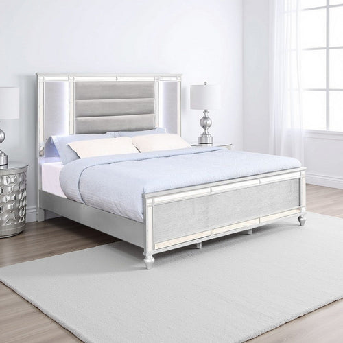 Lio Modern Queen Size Bed, LED, Mirror Trim Silver Velvet Tufted Upholstery By Casagear Home
