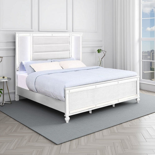 Lio Modern Queen Size Bed, LED, Mirror Trim White Velvet Tufted Upholstery By Casagear Home