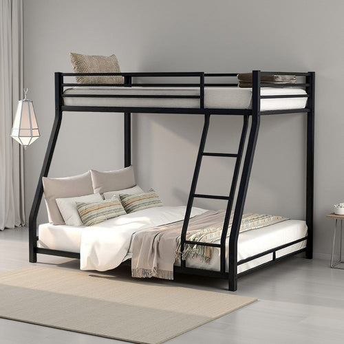 Ovi 78 Inch Twin over Full Bunk Bed, Ground Level Platform Bed, Black By Casagear Home