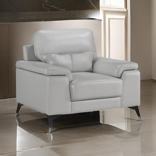 Mica 36 Inch Accent Chair, Metal Legs Light Gray Top Grain and Faux Leather By Casagear Home