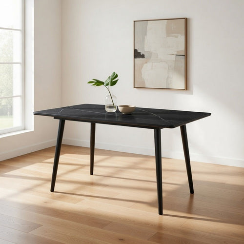 Aikya 60 Inch Dining Table, Black Sintered Stone, Tapered Metal Legs By Casagear Home