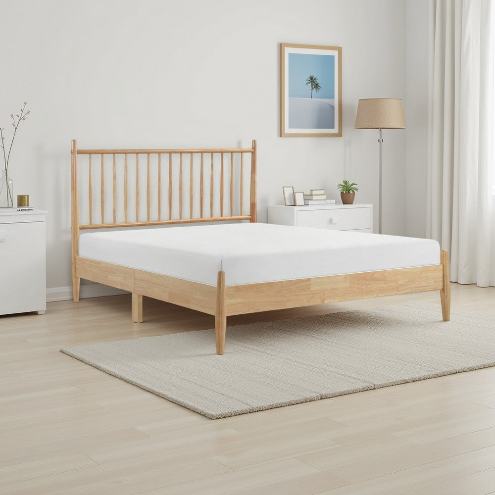 Lika Full Platform Bed, Vertical Slatted Headboard, Natural Brown Wood By Casagear Home