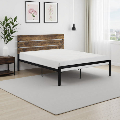 Mars Full Platform Bed, Brown Faux Wood Slat Headboard, Black Metal Frame By Casagear Home