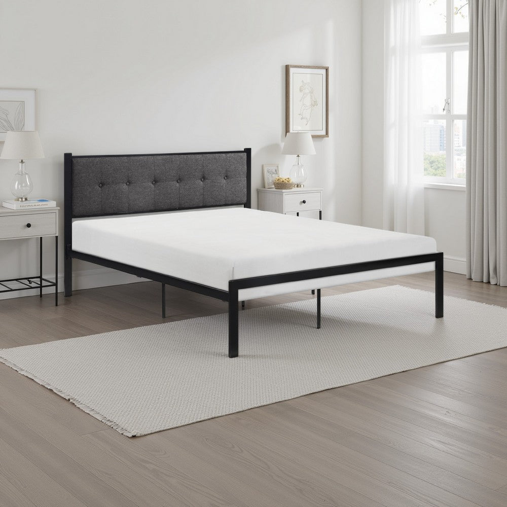 Sam Twin Platform Bed, Button Black Tufted Polyester Upholstery Metal Frame By Casagear Home