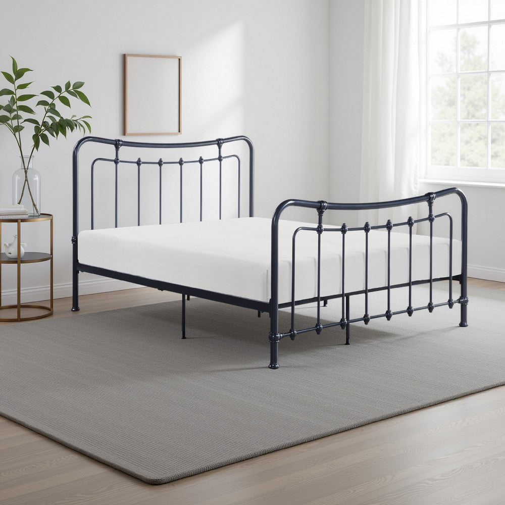 Ryan Full Size Metal Bed, Platform Foundation, Black Curved Spindle Frame By Casagear Home