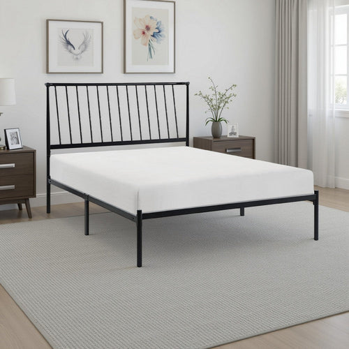 Angie King Size Platform Metal Bed, Subtly Angled Slats on Headboard, Black By Casagear Home