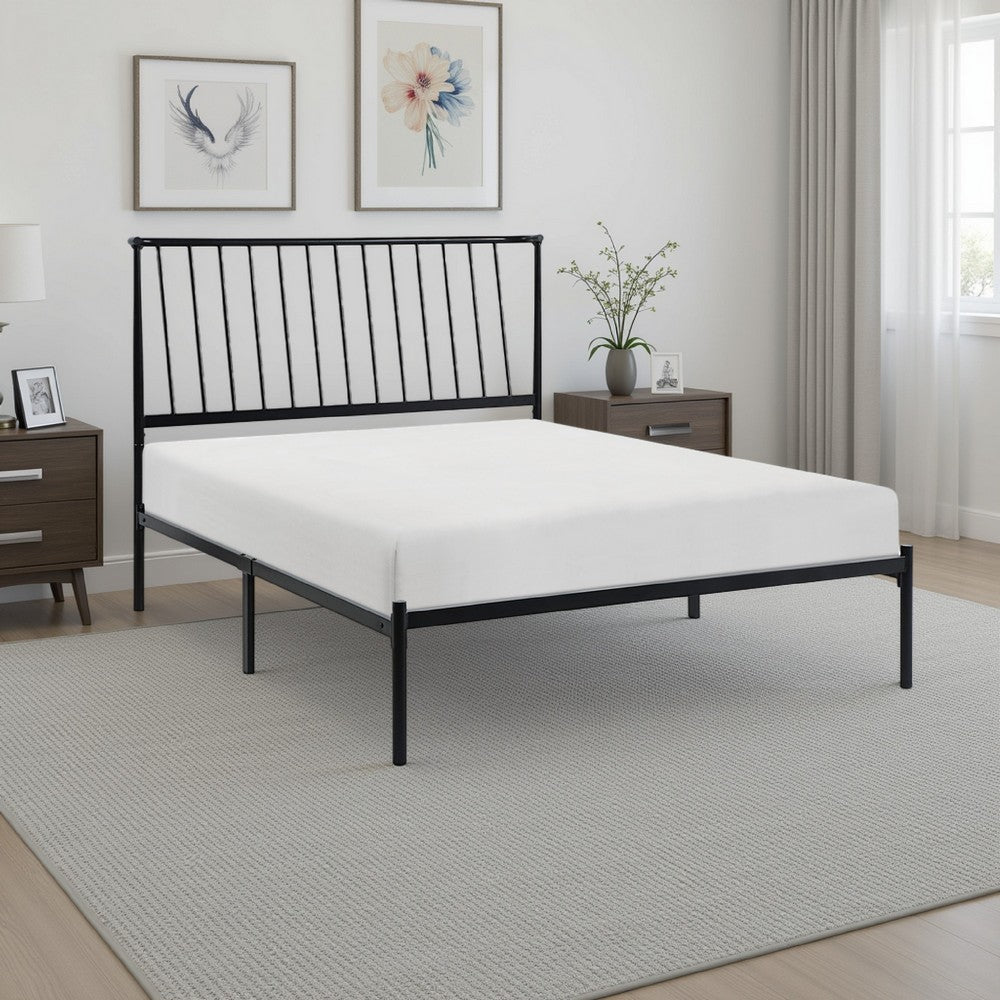Angie King Size Platform Metal Bed, Subtly Angled Slats on Headboard, Black By Casagear Home