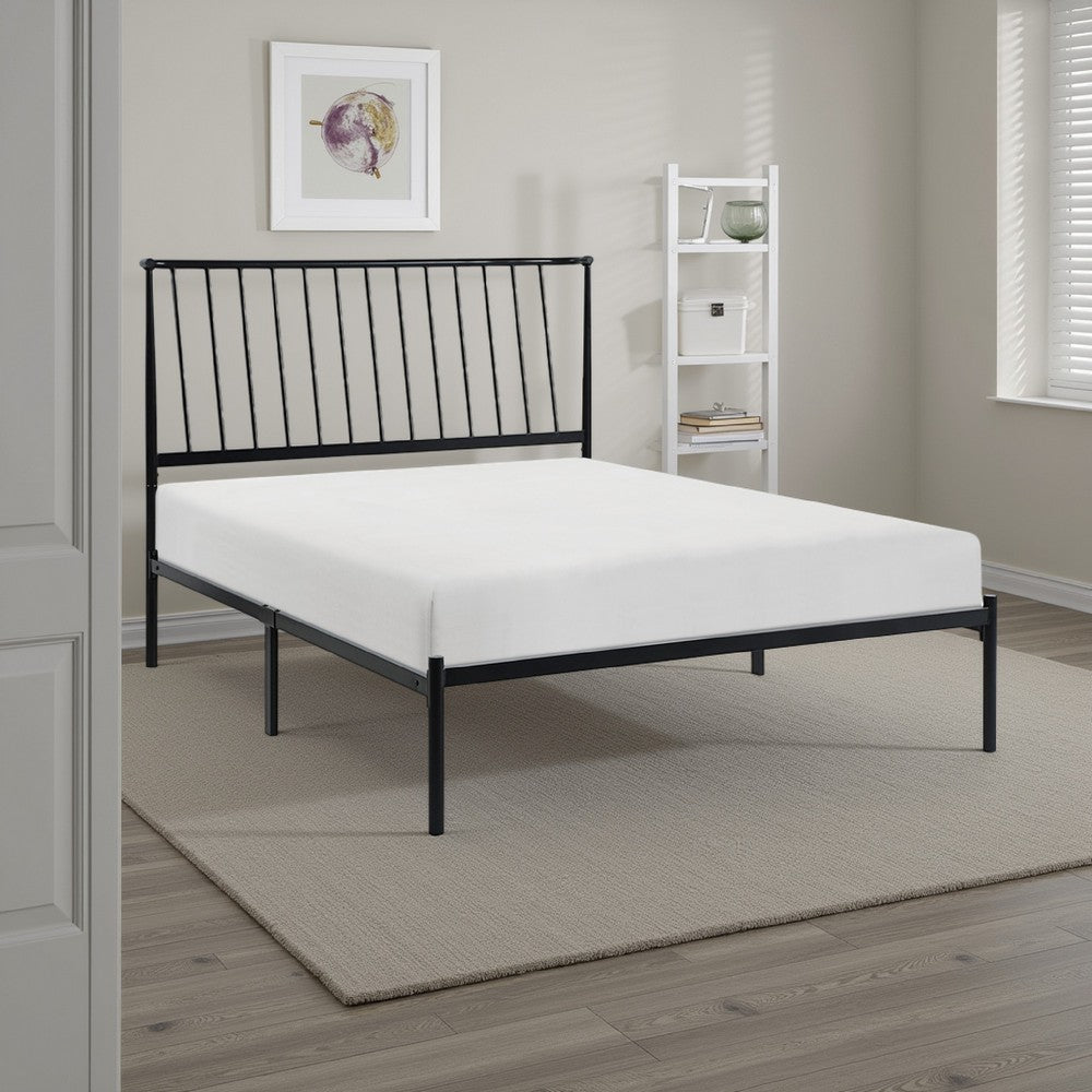 Angie Twin Size Platform Metal Bed, Subtly Angled Slats on Headboard, Black By Casagear Home