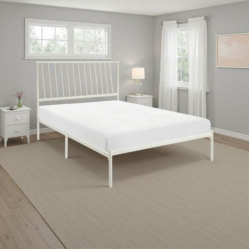 Angie Twin Size Platform Metal Bed, Subtly Angled Slats on Headboard, White By Casagear Home