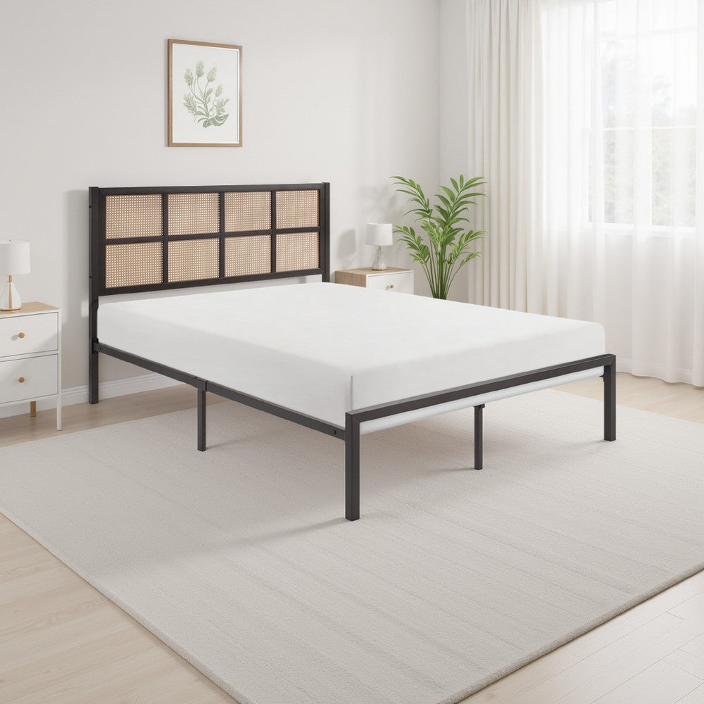 Annie Full Platform Metal Bed, Brown Faux Cane Panel Headboard, Dark Bronze By Casagear Home