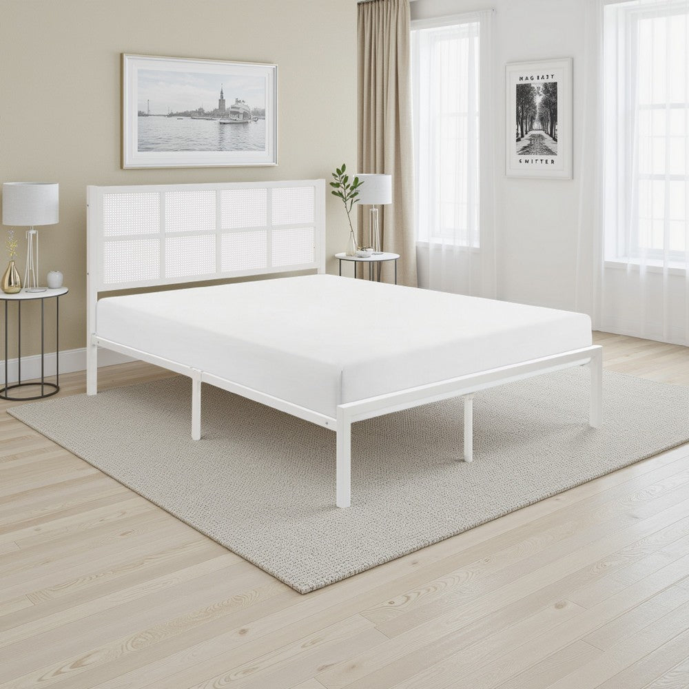 Annie Full Platform Metal Bed, White Faux Cane Panel Headboard, Low Profile By Casagear Home
