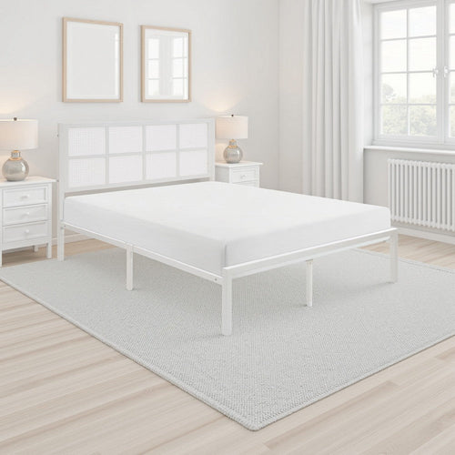 Annie King Platform Metal Bed, White Faux Cane Panel Headboard, Low Profile By Casagear Home