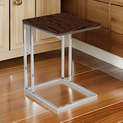 Zen 23 Inch Side Table, Rectangular Tray Top, C Shape Chrome, Ebony Brown By Casagear Home