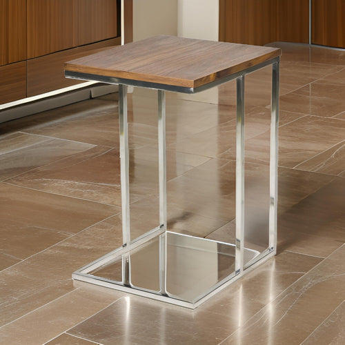 Zen 23 Inch Side Table, Rectangular Tray Top, C Shape Chrome, Walnut Brown By Casagear Home