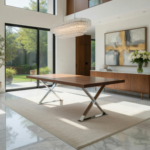 Rix 87 Inch Dining Table, X Chrome Legs, Walnut Brown Rectangular Wood Top By Casagear Home