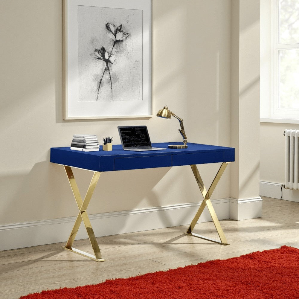 Rix 47 Inch Office Desk, 2 Drawers, X Cross Legs, Gold Steel, Blue Lacquer By Casagear Home