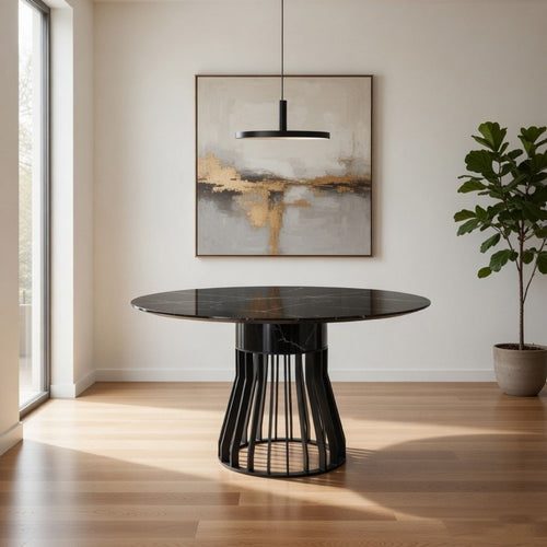 Jett 47 Inch Dining Table, Round Marble Top, Metal Cage Frame Base, Black By Casagear Home