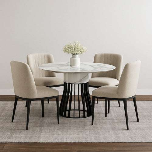 Jett 47 Inch Dining Table, White Round Marble Top, Metal Cage Frame Base By Casagear Home