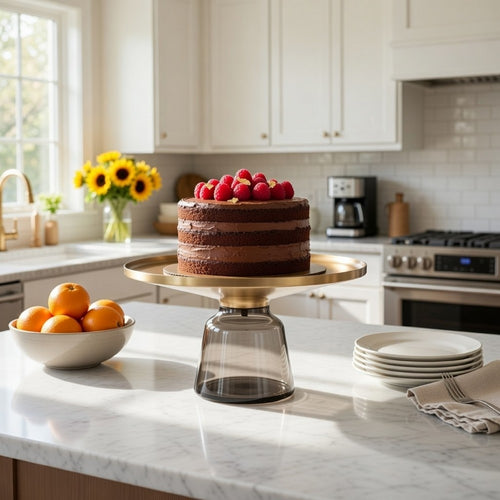 Len 30 Inch Coffee Table, Gray Blown Glass Bell Base, Funnel Top Gold Steel By Casagear Home