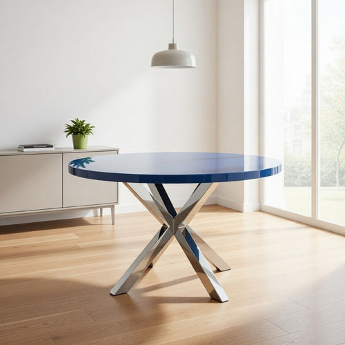 Emi 47 Inch Dining Table, Oval Top, X Shaped Metal Frame, Navy Blue Finish By Casagear Home
