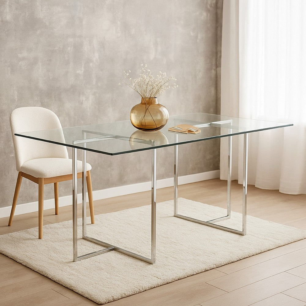 Nisa 71 Inch Dining Table, Tempered Glass Rectangular Top, Chrome Metal By Casagear Home